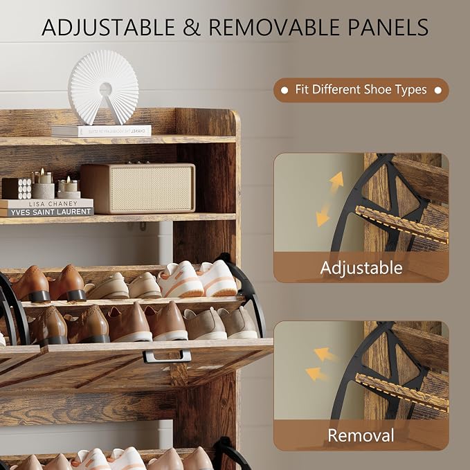 Shoe Cabinet with 4 Flip Drawers, Freestanding Hidden Shoe Storage Organizer for Entryway, Narrow Slim Shoe Rack Cabinet with Open Storage & Hooks for Front Door Entrance, Living Room, Hallway, Brown - Image 4