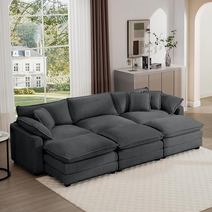 KEIKI 115" Oversized Corduroy Modular Sectional Sofa with 3 Ottoman, High-Density Foam Cushions, Removable Armrests, Upholstered 3-Seater Fluffy Corner Couch with 5 Pillow, for Living Room, Grey