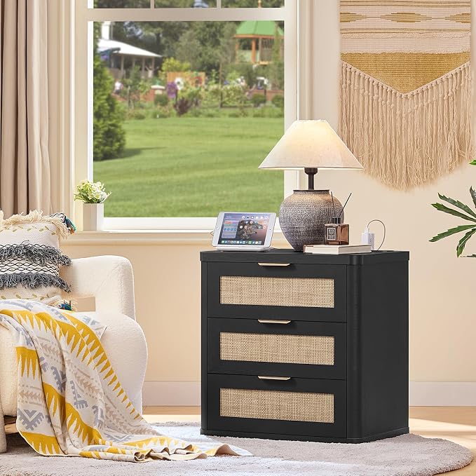 LEYAOYAO Rattan Night Stand with Charger Station, 23" Large 3 Drawer Boho Nightstand, Black Bedside Table Storage Cabinet, Bed Side End Tables for Bedroom, Living Room, Hallway - Image 7