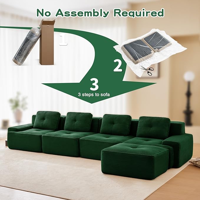 Casaphoria 150'' Corduroy Cloud Couch, 4-Seat L-Shaped Sectional Sofa with 4 Pillows & Ottoman for Living Room, Deep Seat Boneless Couch for Modern Apartment, No Assembly Required, Green