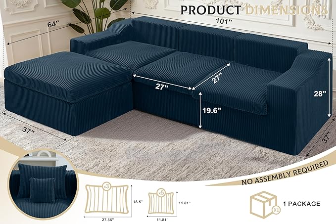 101" Modular Couch Sectionals with Ottoman, Big Comfy Cloud Couches, L Shaped 4 Seat Modular Sectional Sofa, Sectional Double Cushion Couches with Deep Seat for Living Room,No Assembly Required(Blue)