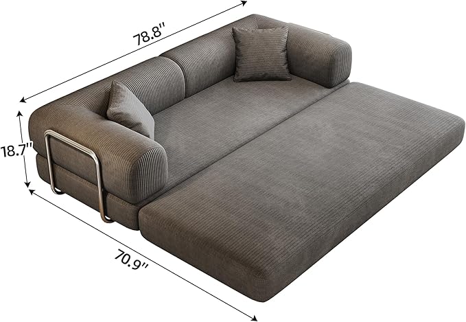 Ball & Cast 78.8" Compressed Modular Sofa Bed, No-Assembly Convertible Floor Futon Couch with Pillow Backrest & Armrest Support, Boneless Corduroy Sleeper Sofa for Living Room & Bedroom, Grey