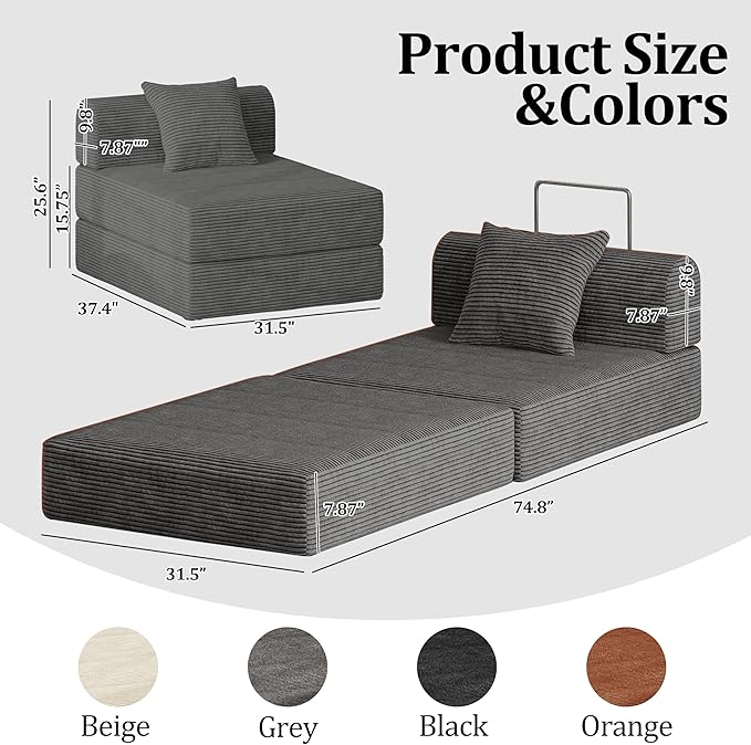 HouseMila Sofa Bed Couch,Convertible Boneless Couch Compressed Chair Comfy Boneless Chair Floor Lounge Chair with Pillow,No Assembly Folding Sofa Beds for Living Room Bedroom Guest Room(Single,Grey