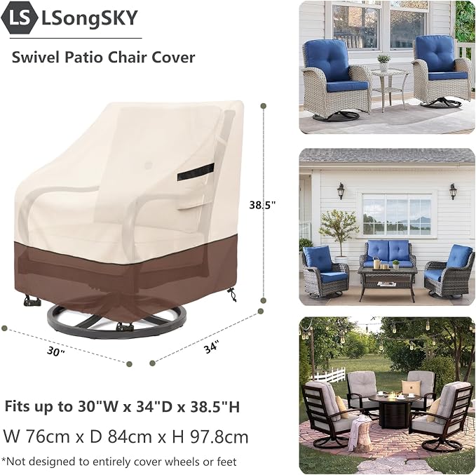 Outdoor Swivel Chair Cover 2 Pack,100% Waterproof Heavy Duty Patio Chair Covers,(30 W x 34 D x 38.5 H inches) Swivel Patio Chair for Outdoor Furniture Covers Waterproof,Beige&Brown - Image 3