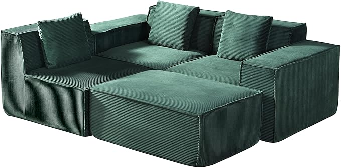 Rowan Convertible Corduroy Sectional Couch with Ottoman & Pillows, Modular L Shaped Sleeper Sofa, Boneless Cloud Couch for Living Room Furniture, Dark Green