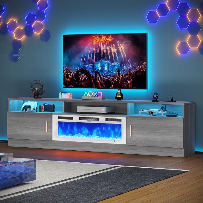 MXV 78" Fireplace TV Stand with Power Outlet for TVs UP to 90", Electric Fireplace Entertainment Center with LED Lights & Storage Cabinets, TV Console for Living Room, Office, Grey-White - Image 2