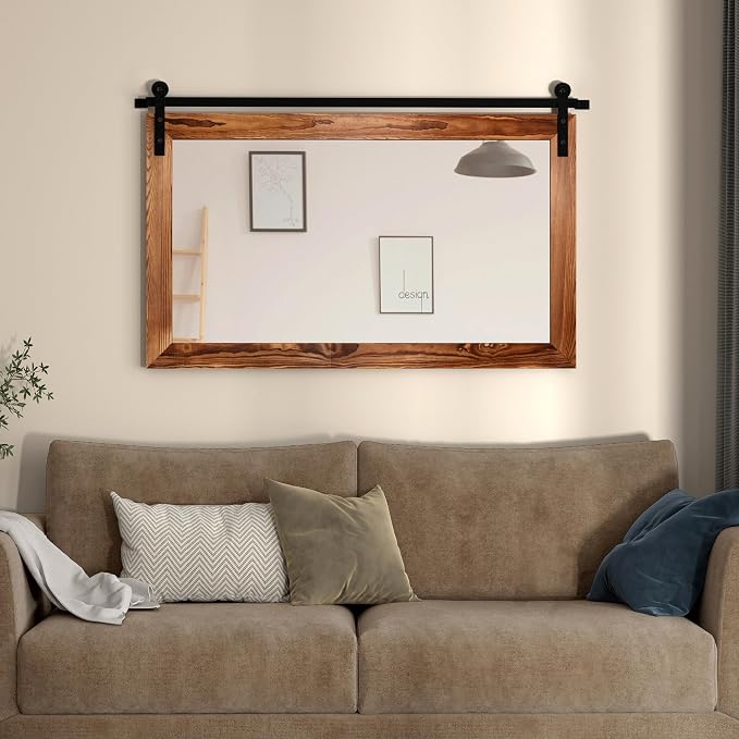 COGOOD Farmhouse Barn Door Mirror - 41" x 26" Rustic Wood Framed Wall Mirror for Bathroom, Living Room, Bedroom Wall Decor (Brown) - Image 2