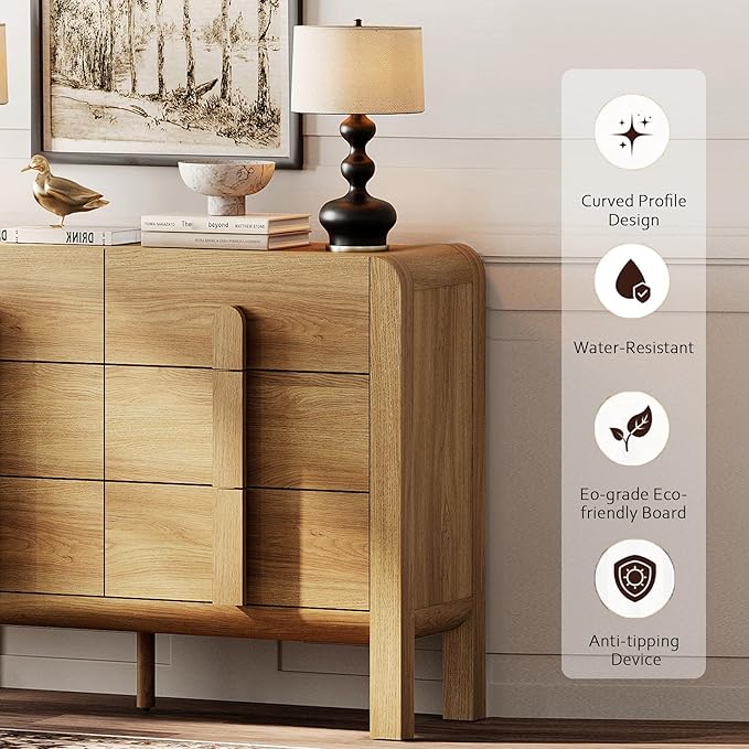 WAMPAT Dresser and Nightstand Sets, 47.2" W Mid Century Modern Chest of Drawers, Wood 6 Drawer Dresser & Nightstand with Charging Station, Curved Profile Design (Light Walnut, 3 PCS)