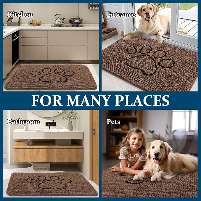 OLANLY Dog Door Mat for Muddy Paws 48x30, Paw Print Design, Absorbs Moisture and Dirt, Absorbent Non-Slip Washable Doormat, Quick Dry Chenille Mud Mat for Dogs, Entry Indoor Entryway Carpet, Mocha - Image 8