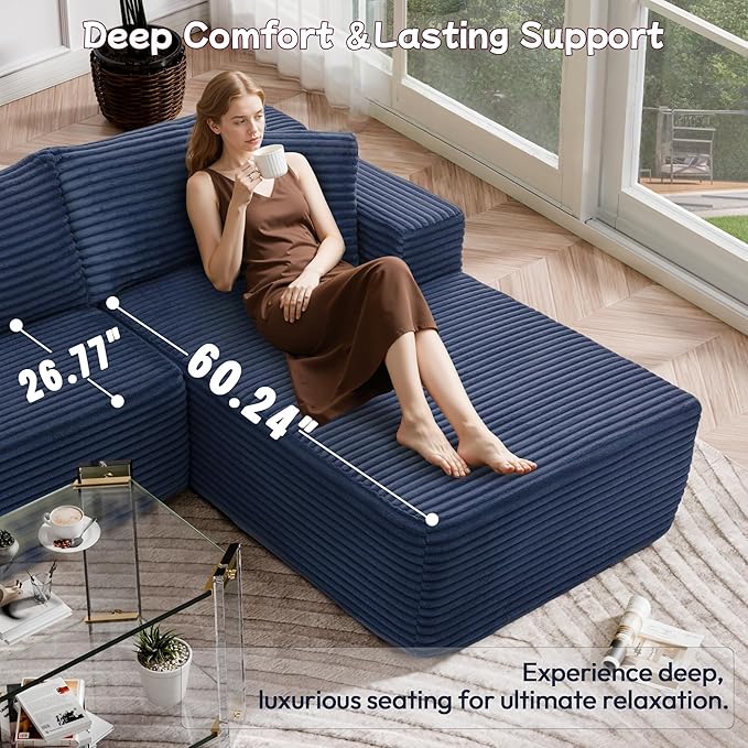 105" Cloud Sectional Couch with L-Shape Chaise,Modern Modular Sofa with Deep Seat, Fluffy Boneless Couches for Living Room Bedroom,No Assembly Required, Dark Blue (Plush Flannel Fabric)