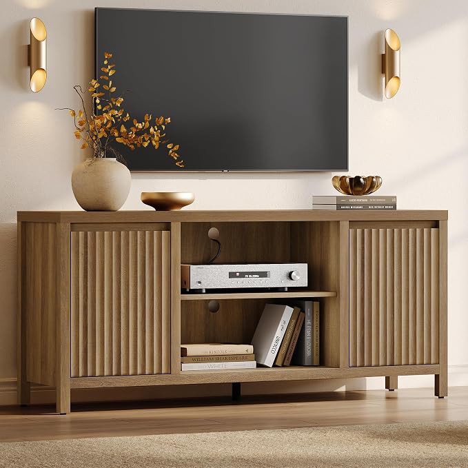 SICOTAS Fluted TV Stand for 55 65 inch TV - Large TV Consoles for Living Room Bedroom, Mid Century Modern Entertainment Center with Storage Cabinet, Wooden Television Stands Media Console, Caramel Oak by SICOTAS