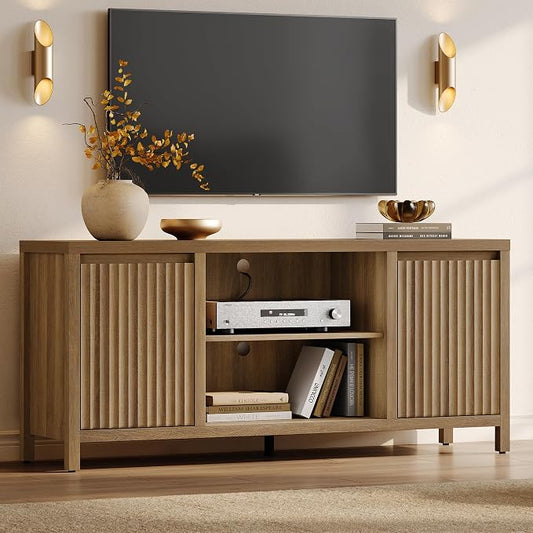 SICOTAS Fluted TV Stand for 55 65 inch TV - Large TV Consoles for Living Room Bedroom, Mid Century Modern Entertainment Center with Storage Cabinet, Wooden Television Stands Media Console, Caramel Oak by SICOTAS
