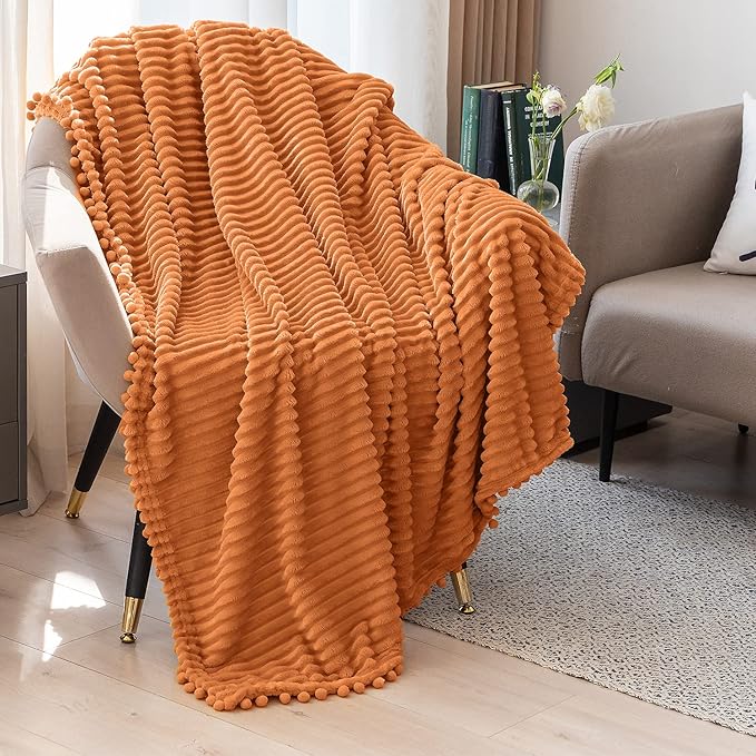 DISSA Fleece Blanket Throw Size ?€? 51x63, Orange ?€? Soft, Plush, Fluffy, Fuzzy, Warm, Cozy ?€? Perfect Throw for Couch, Bed, Sofa - with Pompom Fringe - Flannel Blanket Throw Blanket