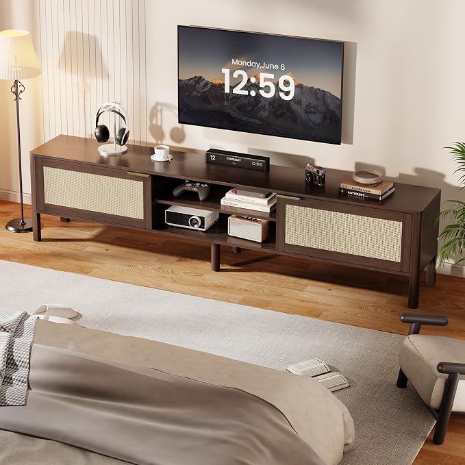 IKALIFE TV Stand for Living Room - Fits up to 65 Inch TVs, Rattan Media Console Table with Adjustable Shelves & 2 Storage Cabinets, Mid-Century Modern Entertainment Center, Walnut 58" - Image 7