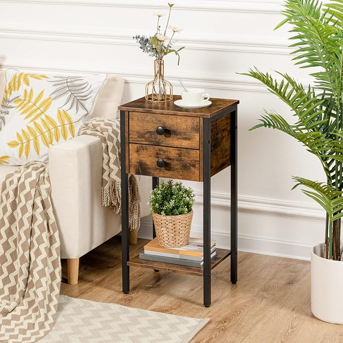 HOOBRO Tall Nightstand, End Table with 2 Drawers and Storage Shelf, Industrial Telephone Side Table for Study, Bedroom, Space Saving, Easy Assembly, Rustic Brown and Black BF72BZ01 - Image 2