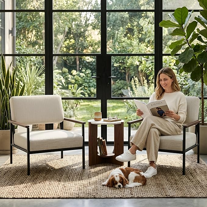 LIVINOVA Mid Century Modern Accent Chair Set of 1, Beige Linen Upholstered Armchair with Black Metal Frame, Comfortable Lounge Reading Chair for Living Room, Bedroom, Office Reception