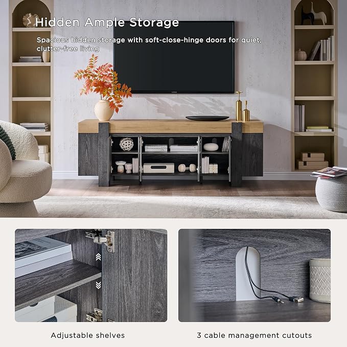 OKD Modern Farmhouse TV Stand, 70" Long Media Console Table with Storage Cabinet, Wooden Entertainment Center for Living Room, Natural Oak with Dark Alder - Image 3