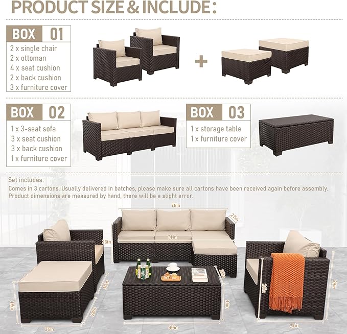 6 Pieces Patio Outdoor Furniture Outdoor Conversation Sets Wicker Sofa Set with Outdoor Couch Patio Chairs Storage Coffee Table Khaki Cushions Waterproof Covers