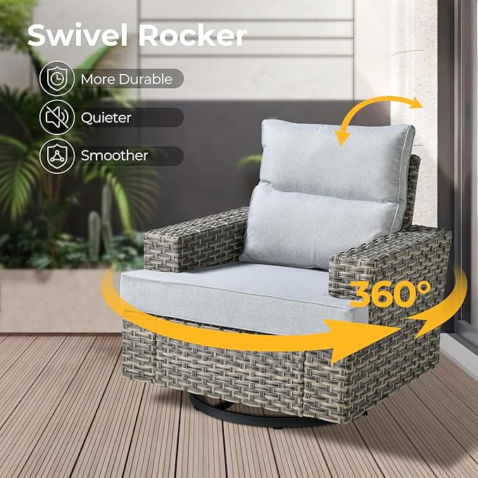 HOOOWOOO Outdoor Sectional Patio Furniture Set with Fire Pit Table,13 Pieces Wicker Conversation Sets L Shaped Couch,Extra Deep Out Door Sofa Outside Furniture with Swivel Chairs,Light Gray