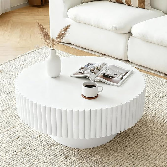 Rovibek Fluted Round Coffee Table, 31.5" Modern Coffee Table with Fluted Base, Circle Wooden Accent Center Table for Living Room Apartment Office, Easy Assembly, White
