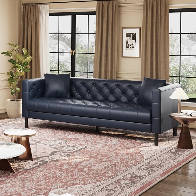 GarveeHome 81 in Leather Couch for Living Room, Modern Sofa Couch with Deep Seat and 2 Pillows, Handmade Button Tufted 3 Seater Sofa, Leather Sofa for Apartment, Office, Blue