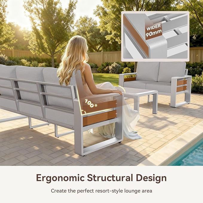 Aoxun Aluminum Patio Furniture Set, 7 Seats Luxury Metal Patio Conversation Sets with Coffee Table, Thick Cushions and Waterproof Cover, Modern Outdoor Furniture Set for Backyard/Poolside, Light Grey