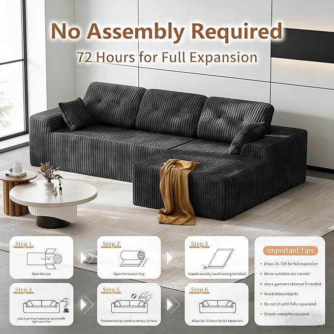 Ball & Cast Cloud Couch Sectional with L-Shaped Chaise,106''Corduroy Upholstered Modular Sectional Sofa,Deep Seat Sectional Couches for Living Room,No Assembly Required,Right Facing Chaise (Grey)
