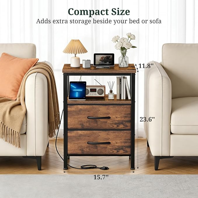 Nightstand Set of 2 with Charging Station, Bedside Table with USB Ports & Outlets, Small Dresser End Table with 2 Fabric Drawer and Open Storage Shelf, Wooden Top for Bedroom, Brown - Image 6