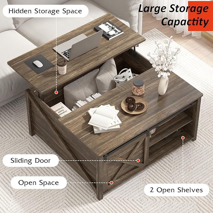 PUKAMI Lift Top Coffee Table with Storage, 31.5" Farmhouse Coffee Table for Living Room, Square Coffee Tables with Large Hidden Storage and Sliding Barn Doors, Brown