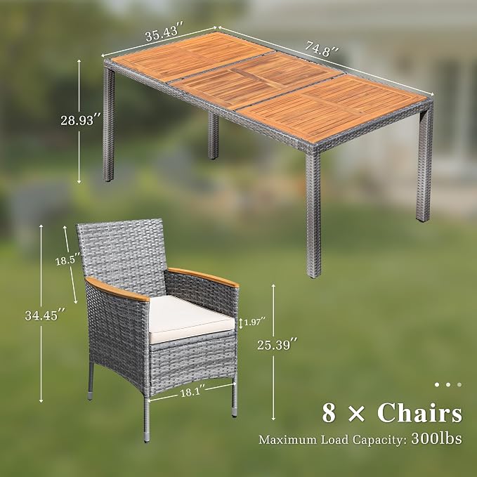 Devoko Outdoor Patio Dining Sets 9 Pieces Wicker Outdoor Dining Table and Chairs Set with Acacia Wood Table Top and Widened Armrests for Backyard, Garden, Deck (Grey) - Image 7