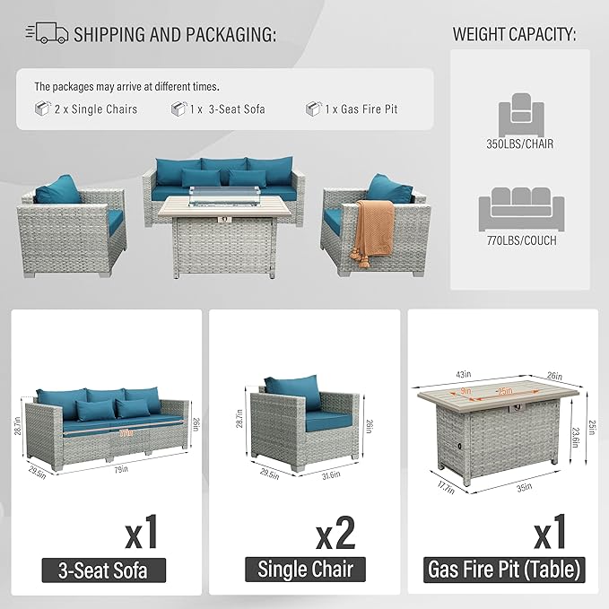 WAROOM Patio Furniture Set 4 Piece Outdoor Wicker Conversation Sets PE Rattan Couch Sectional Sofa with Fire Pit Table, Peacock Blue Cushion