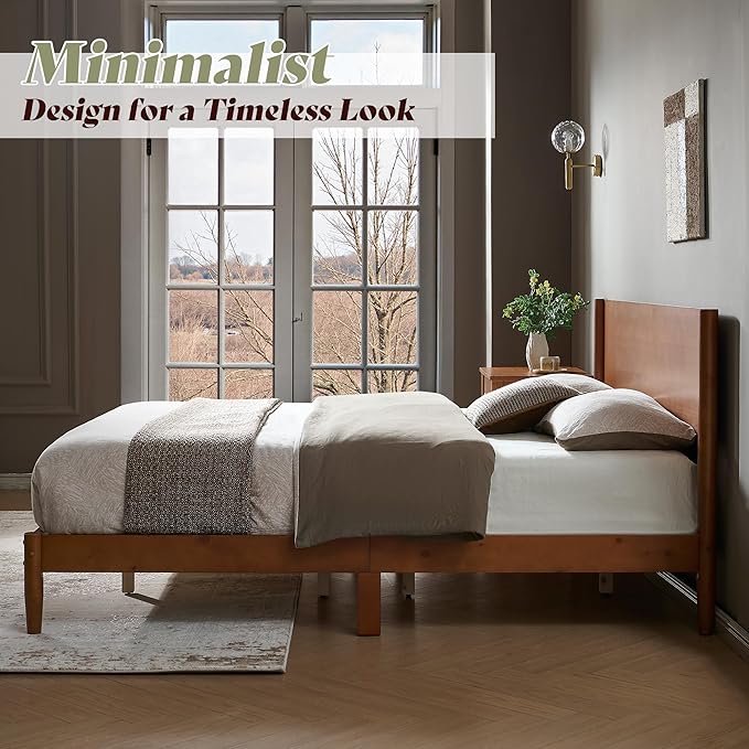 AMERLIFE 3 Piece Bedroom Set Includes Solid Wood Full Platform Bed Frame with Headboard and 2 Nightstands with Spindle-Turned Legs, Mid Century Modern Bedroom Furniture, Brown Walnut