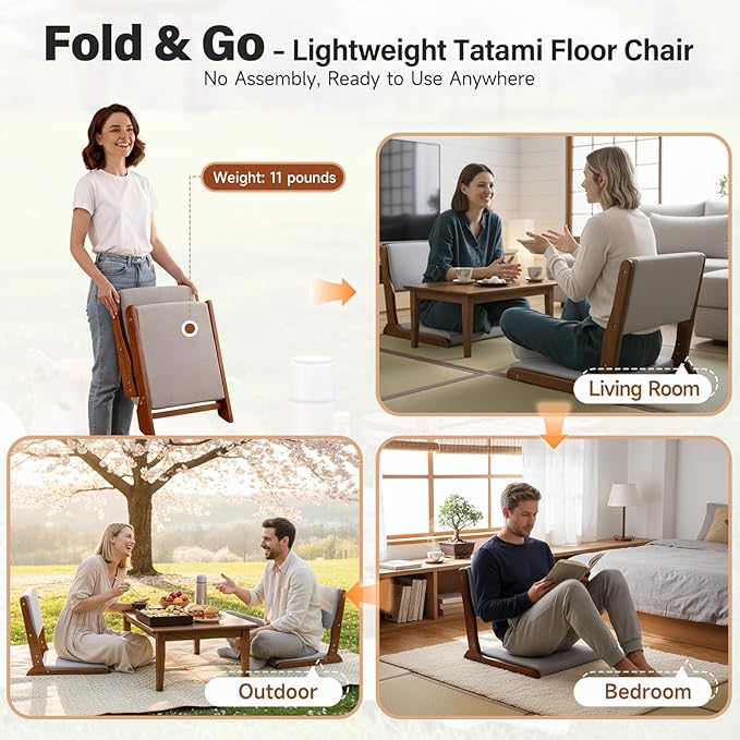 Tiita Floor Chair with Back Support, Foldable Meditation Tatami Chairs, Backrest Chair with Cushion, Living Room Chair Seat 4 Pack, Walnut Grey