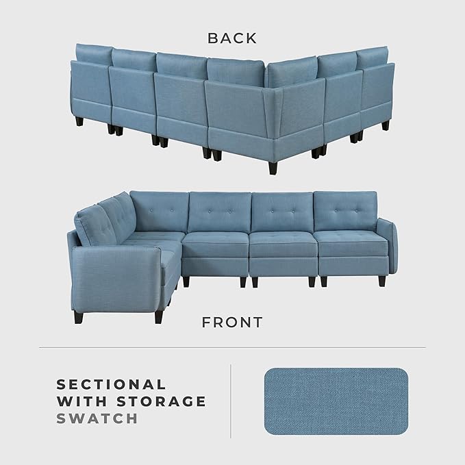 Lexicon L Shape Sectional Couch with Hidden Storage, Textured Fabric Modular Sectional Sofa with Button-Tufted Design, Reversible Back Cushion, 6 Seater Large Sofa, Blue