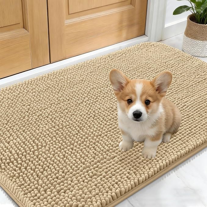 OLANLY Dog Door Mat for Muddy Paws 30x17, Absorbs Moisture and Dirt, Absorbent Non-Slip Washable Doormat, Quick Dry Chenille Mud Mat for Dogs, Entry Indoor Entryway Carpet for Inside Floor, Beige by OLANLY
