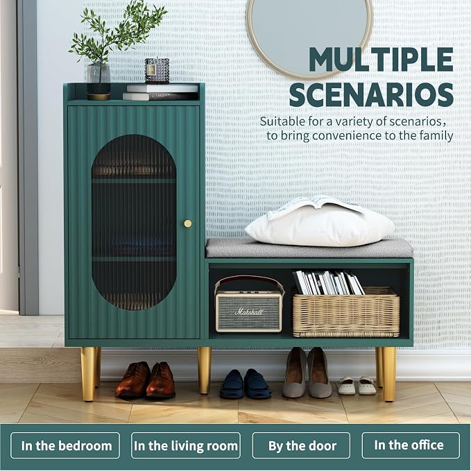 HLR Storage Bench with Glass Door&Shelf, Modern Entryway Shoe Cabinet Bench with Padded Seat, Green L-Shaped Storage Cabinet for Hallway, Bedroom, Living Room, Office - Image 4
