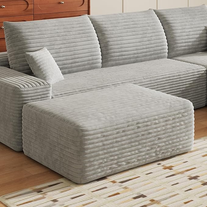 135" U Shaped Sectional Couch with Ottoman, Large Sectional Couches for Living Room, Plush Corduroy Convertible Sleeper Sofa, Compressed Foam Sofa in a Box No Assembly, Left Facing Chaise, Grey