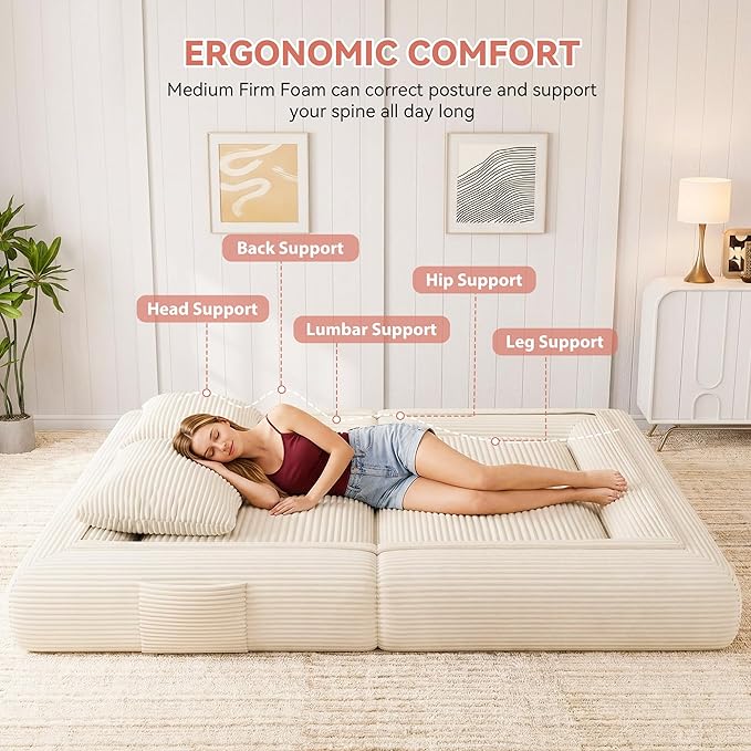 4-in-1 Convertible Folding Sofa Bed, 76 Inch Queen Size Foldable Sleeper Sofa Bed, Wide Corduroy Upholstery, Boneless Mattress Couch with Armrests & Neck Pillow for Living/Bedroom - Beige