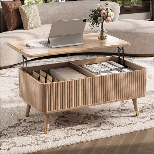 SULIVES Lift Top Coffee Table with Storage,Fluted Coffee Table with Lifting Top,Mid Century Modern Center Table with Solid Wood Legs,Small Coffee Tables for Living Room,Oak