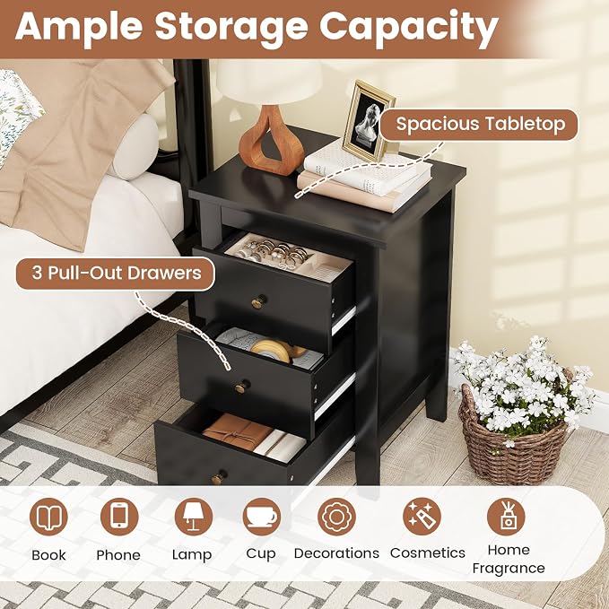 Giantex Nightstand with 3 Drawers, Wood Black Stand Bedside Table w/Storage Drawer & Round Metal Knobs, Modern End Side Table for Dorm Bedroom Small Spaces, 14.5" D x 18" W x 26" H - Image 6
