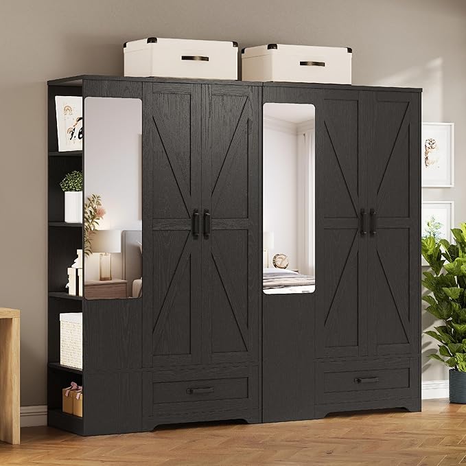 LIKIMIO Armoire Wardrobe Closet 70 Inches, Large Storage with Mirror, 2 Doors, Drawer, and Shelves, Modern Bedroom Freestanding Wooden Wardrobe Combination with Hanging Rail, Black