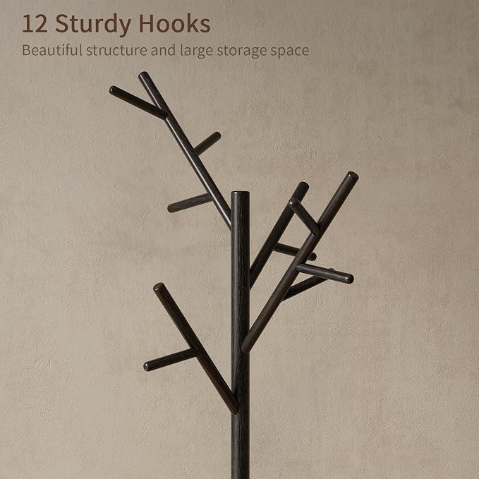 Muwuele Coat Rack, Solid Wood Coat Rack Freestanding with 12 Hooks, Coat tree freestanding 3 Adjustable Heights for coat, Hats, Handbags， Coat Stand for Entryway, Bedroom (Black) - Image 7