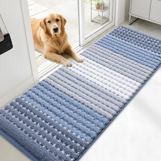 Kitinjoy Indoor Outdoor Door Mat, 71x24 Non-Slip Absorbent Dirt Trapper, Low-Profile Washable Inside Entrance Front Floor Mat, Sturdy Soft Entry Dotted Ombre Doormats for Entryway, Light Blue by Kitinjoy