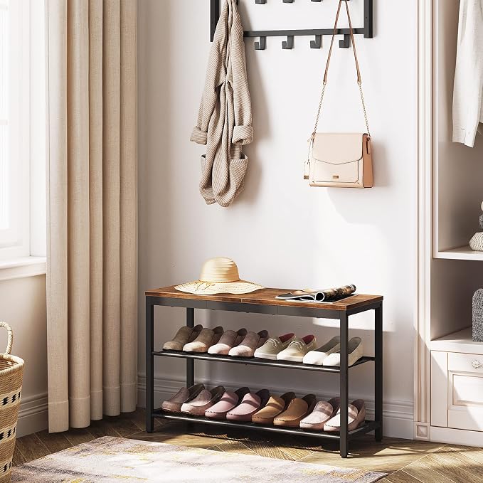 HOOBRO Shoe Bench, 3-Tier Shoe Rack, Industrial Shoe Organizer Storage Bench, 29.5 inches Entry Bench with Mesh Shelves, for Entryway, Living Room, Hallway, Easy Assembly, Rustic Brown BF75HX01 - Image 2
