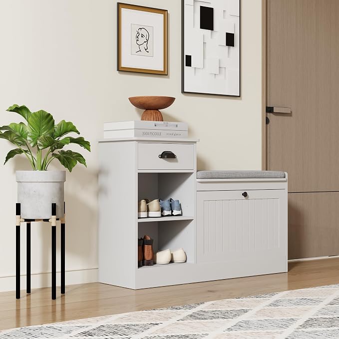 Shoe Storage Bench, Modern Wooden Shoe Cabinet with Flip Drawer and Adjustable Shelf, Entry Way Bench with Padded Seat Cushion for Entryway, Hallway, Living Room,Pebble Grey - Image 3