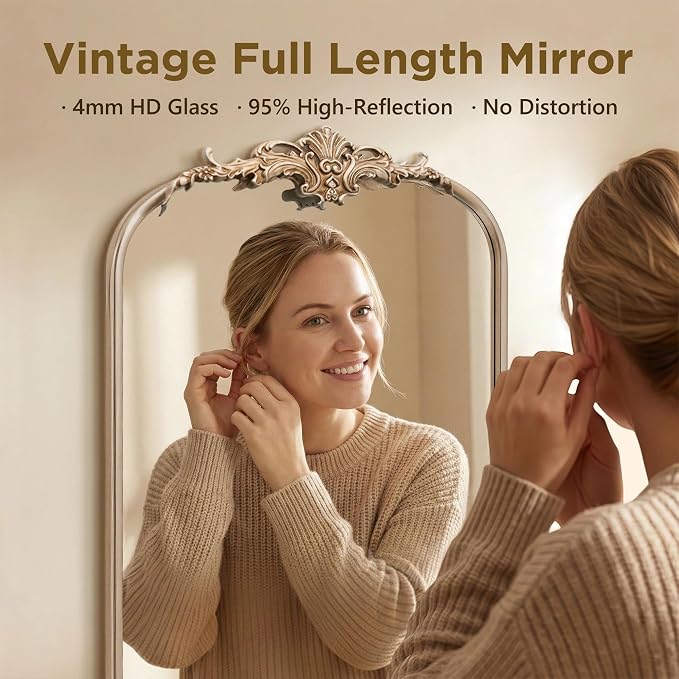 Besdomus Arched Mirror Full Length: 21"x56" French Champagne Gold Vintage Full Body Mirror - Floor Antique Baroque Traditional Ornate for Entryway/Cloakroom/Bedroom - Home Decor for Fashion-Conscious - Image 5