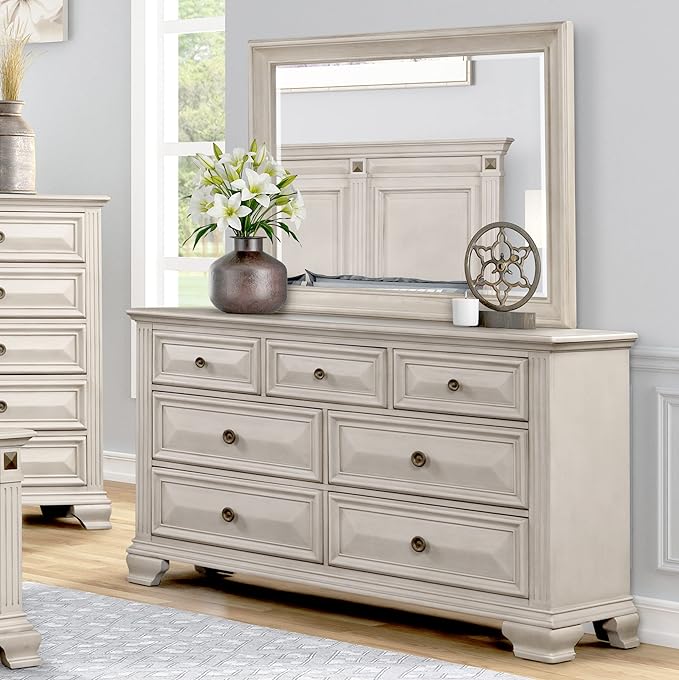 Roundhill Furniture Renova Distressed Parchment Wood Bedroom Set, King Panel Bed, Dresser, Mirror, Nightstand, Chest