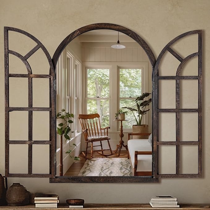 Arched Wall Mirror with Window Pane Design 36x24 Inch Rustic Farmhouse Wood Decorative Mirror for Living Room Bedroom Entryway by AMOISE