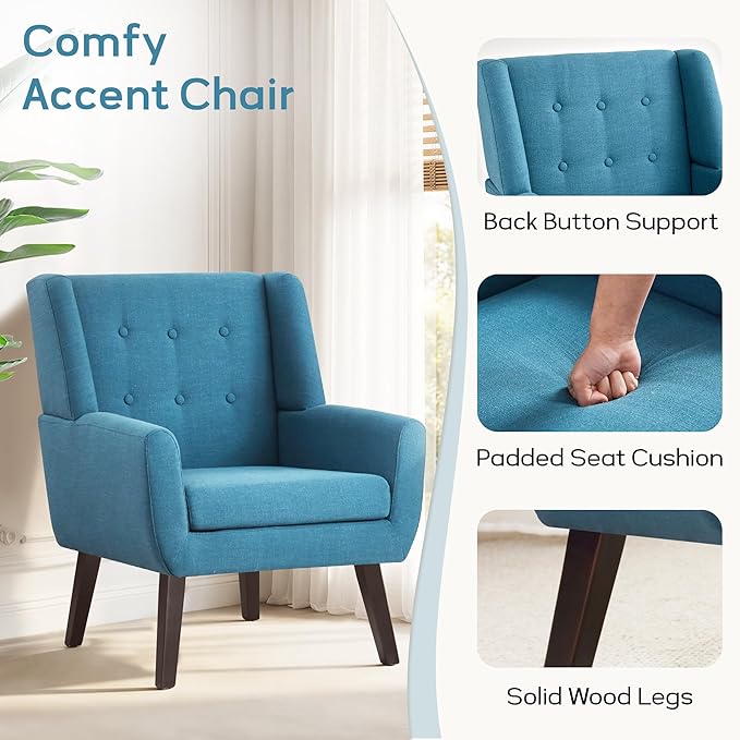 HUIMO Button-Tufted Accent Chairs,Upholstered Reading Living Room Chair,Mid Century Modern Chair with Linen Fabric, Club Chair,Comfy Arm Chairs for Living Room,Bedroom Lake Blue