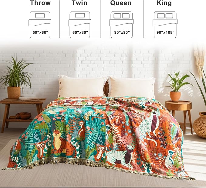 LUTBM Throw Blanket for Bed Couch Sofa Soft Cotton Twin Spring Blankets for Bedroom Living Room All Season Reversible Forest Animals Embroidery Lightweight Quilt Whimsical Home Decor 60"x80"